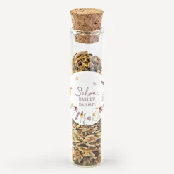 Gastgeschenk Glasröhrchen mit Korken und Aufkleber "Wildromantische Blüten""