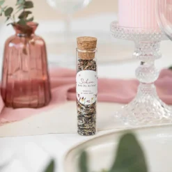 Gastgeschenk Glasröhrchen mit Korken und Aufkleber "Wildromantische Blüten""