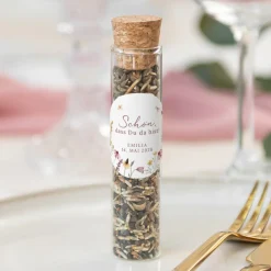 Gastgeschenk Glasröhrchen mit Korken und Aufkleber 
