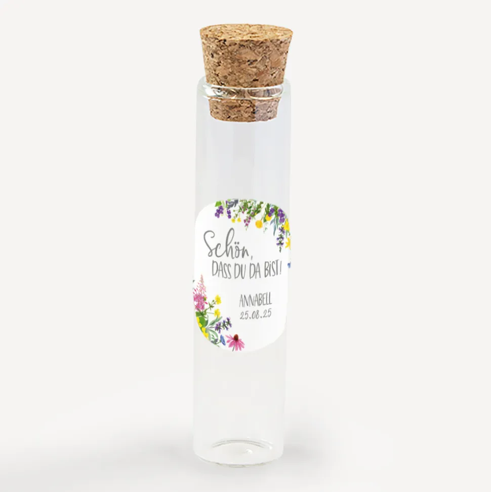 Gastgeschenk Glasröhrchen mit Korken und Aufkleber "Wildblumen"