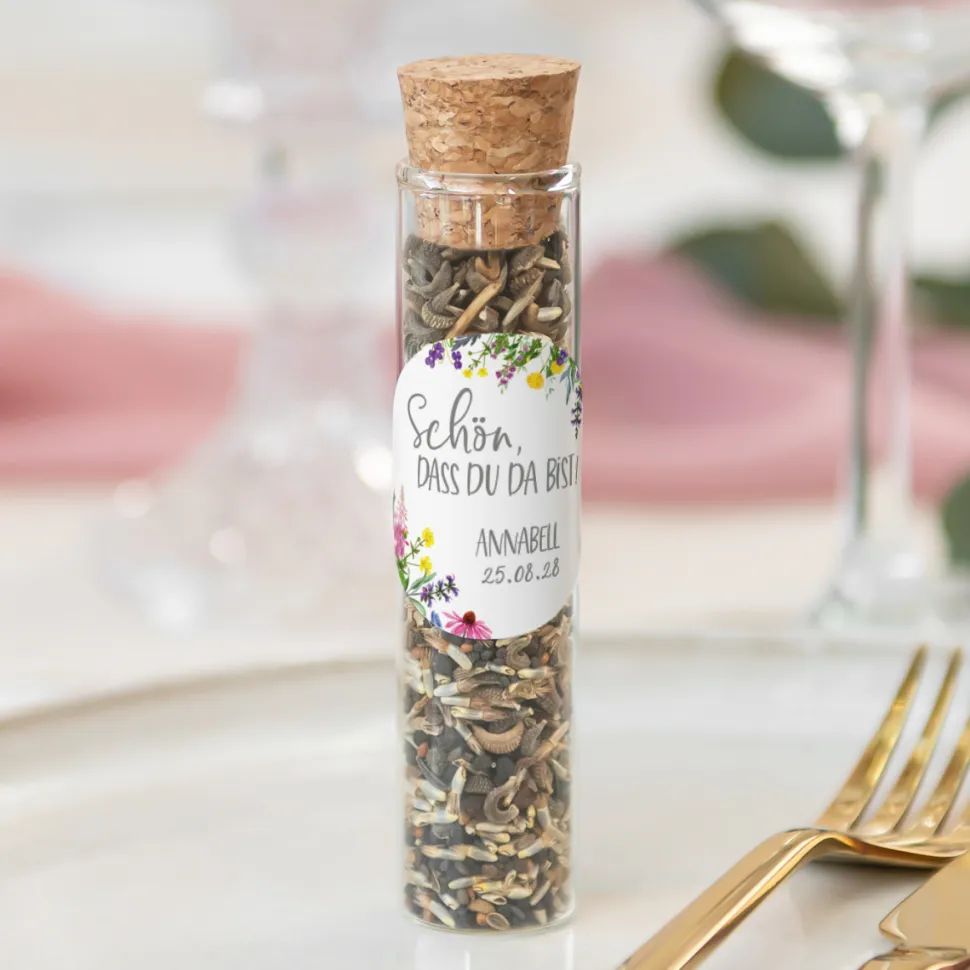 Gastgeschenk Glasröhrchen mit Korken und Aufkleber "Wildblumen"