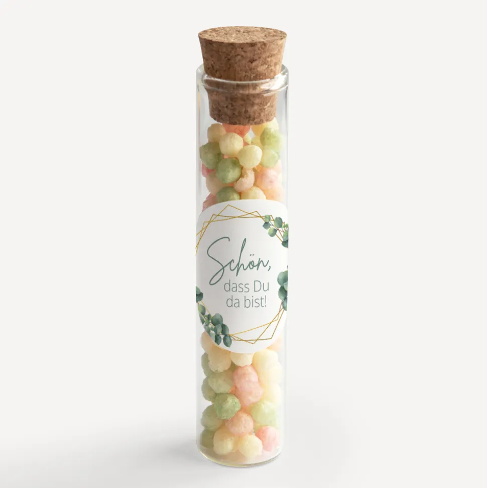Gastgeschenk Glasröhrchen mit Korken und Aufkleber "Eukalyptus Geometrie"