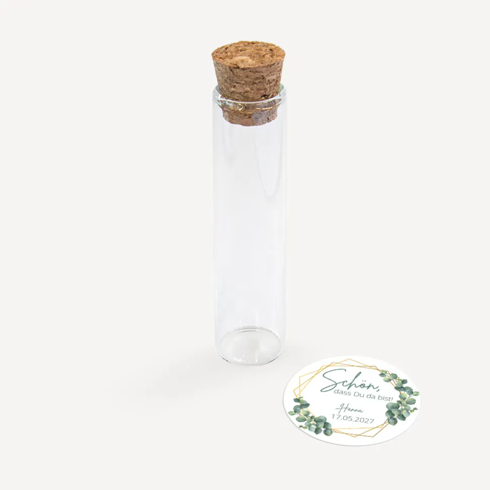 Gastgeschenk Glasröhrchen mit Korken und Aufkleber "Eukalyptus Geometrie"