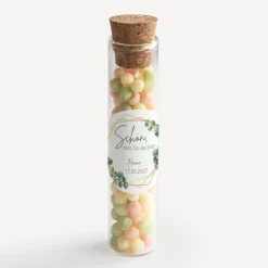 Gastgeschenk Glasröhrchen mit Korken und Aufkleber