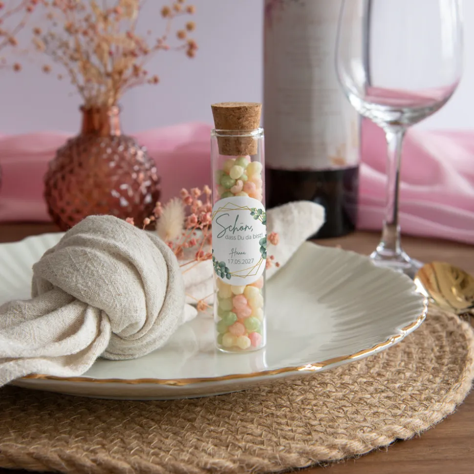 Gastgeschenk Glasröhrchen mit Korken und Aufkleber "Eukalyptus Geometrie"