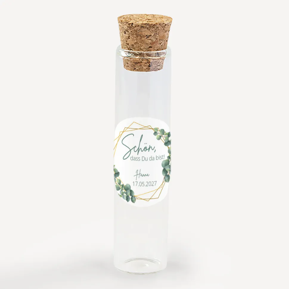 Gastgeschenk Glasröhrchen mit Korken und Aufkleber "Eukalyptus Geometrie"