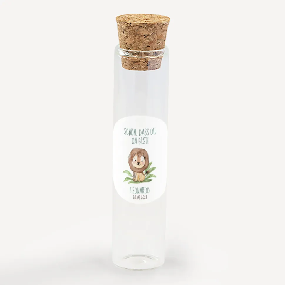 Gastgeschenk Glasröhrchen mit Korken und Aufkleber "Löwe Leo"