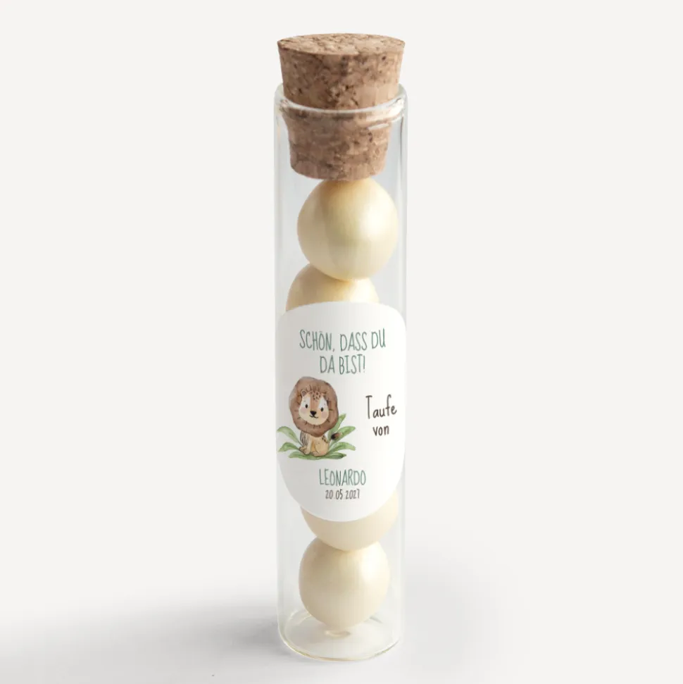 Gastgeschenk Glasröhrchen mit Korken und Aufkleber "Löwe Leo"