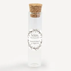 Gastgeschenk Glasröhrchen mit Korken und Aufkleber