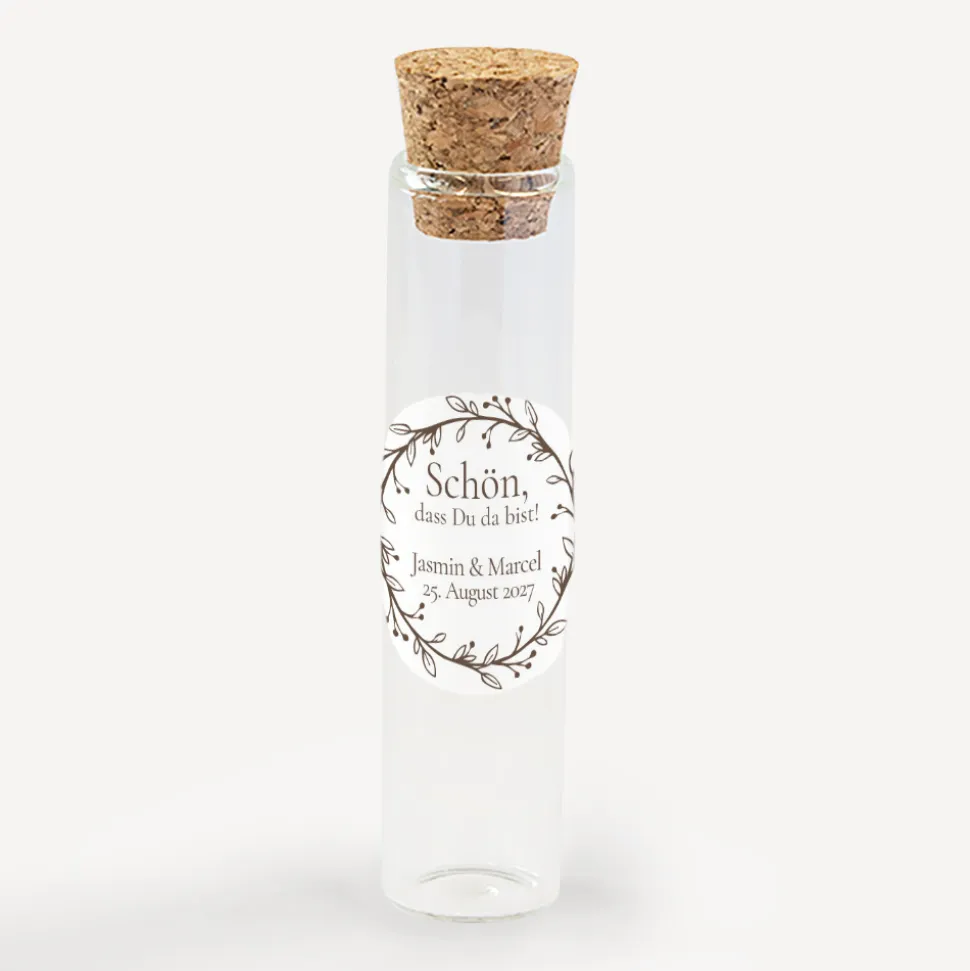 Gastgeschenk Glasröhrchen mit Korken und Aufkleber "Vintage Dreams"