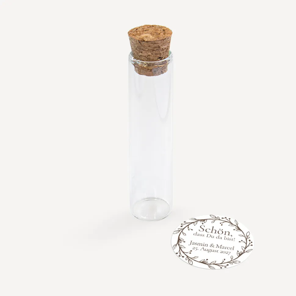 Gastgeschenk Glasröhrchen mit Korken und Aufkleber "Vintage Dreams"