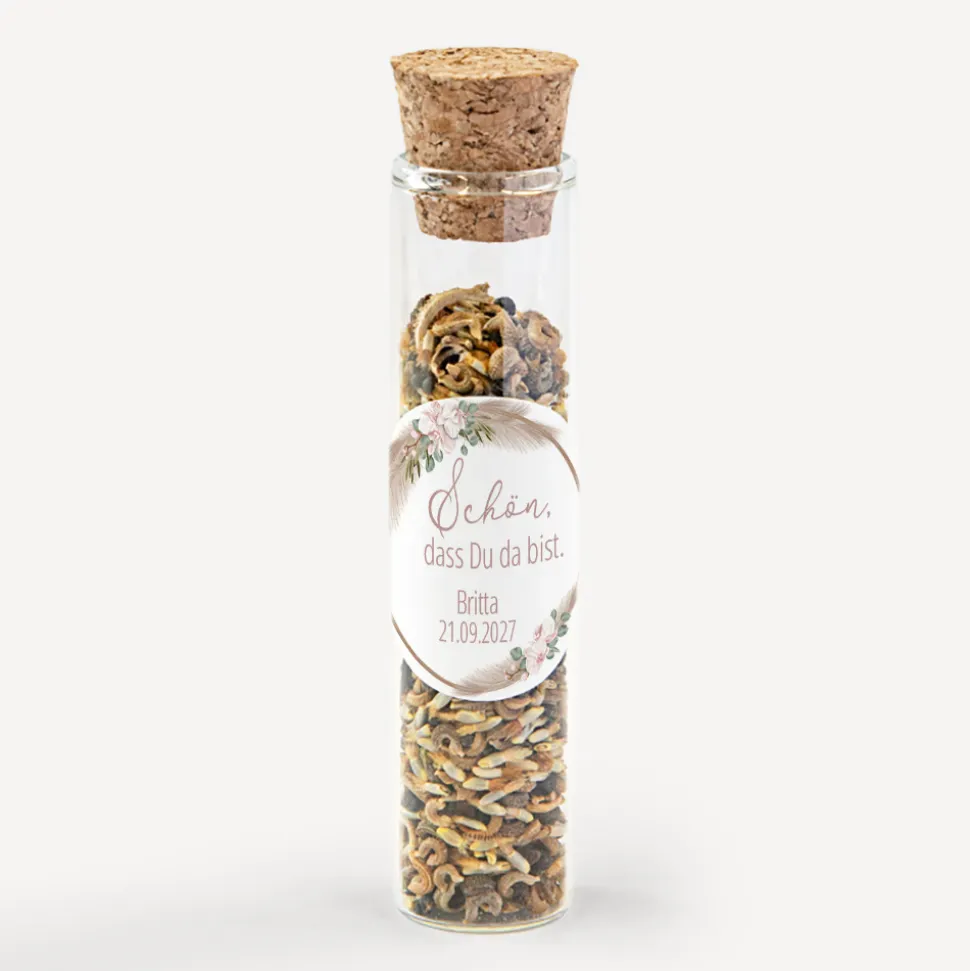 Gastgeschenk Glasröhrchen mit Korken und Aufkleber "Boho Pampas"