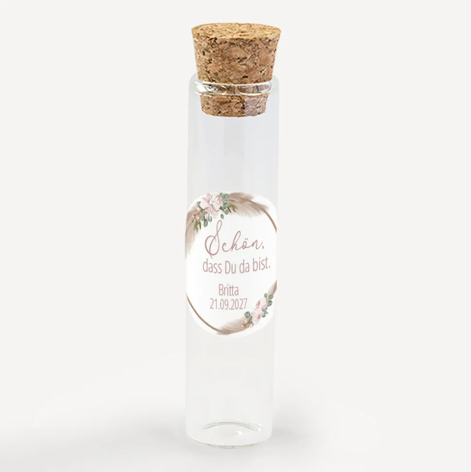 Gastgeschenk Glasröhrchen mit Korken und Aufkleber "Boho Pampas"