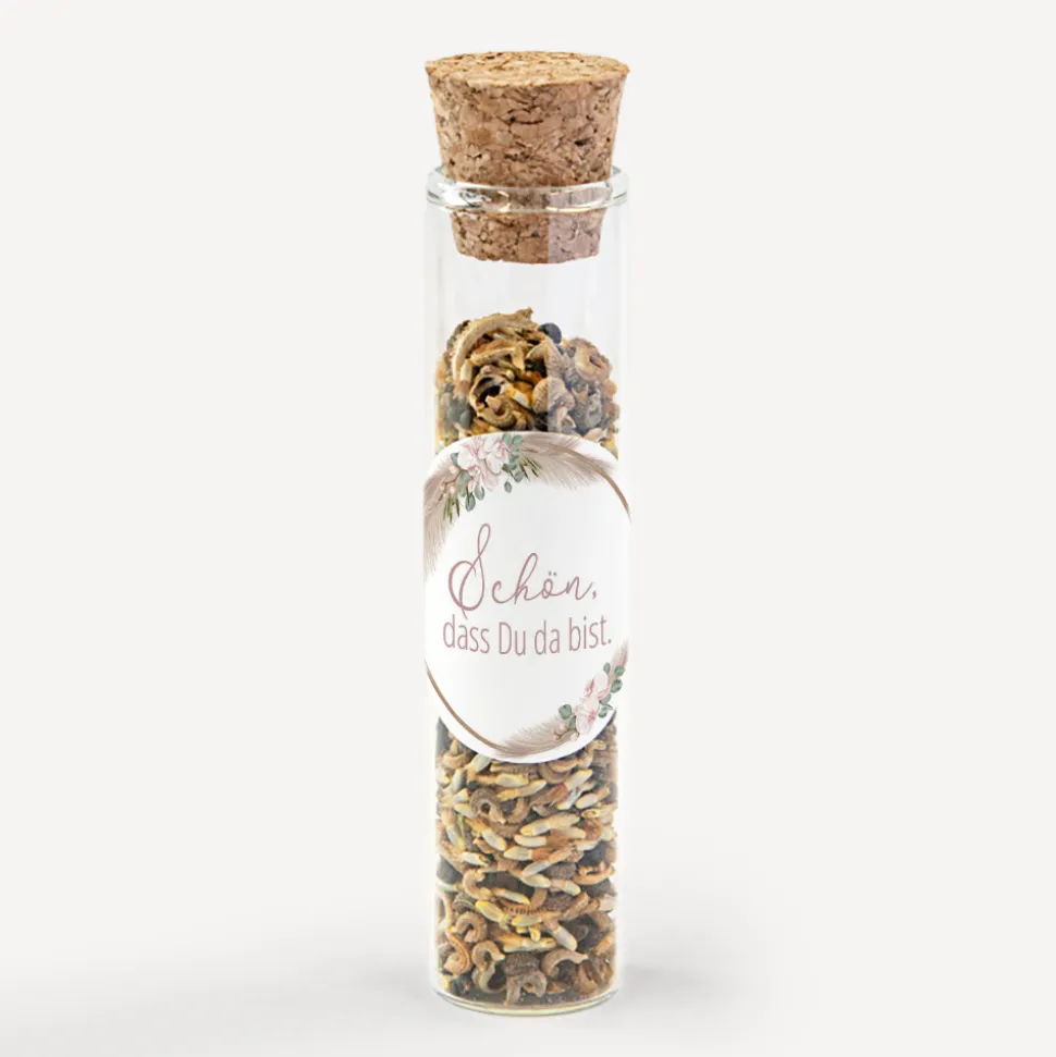 Gastgeschenk Glasröhrchen mit Korken und Aufkleber "Boho Pampas"
