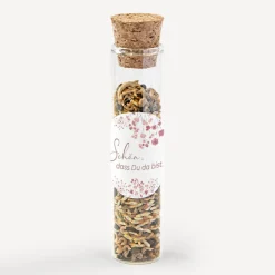 Gastgeschenk Glasröhrchen mit Korken + Aufkleber