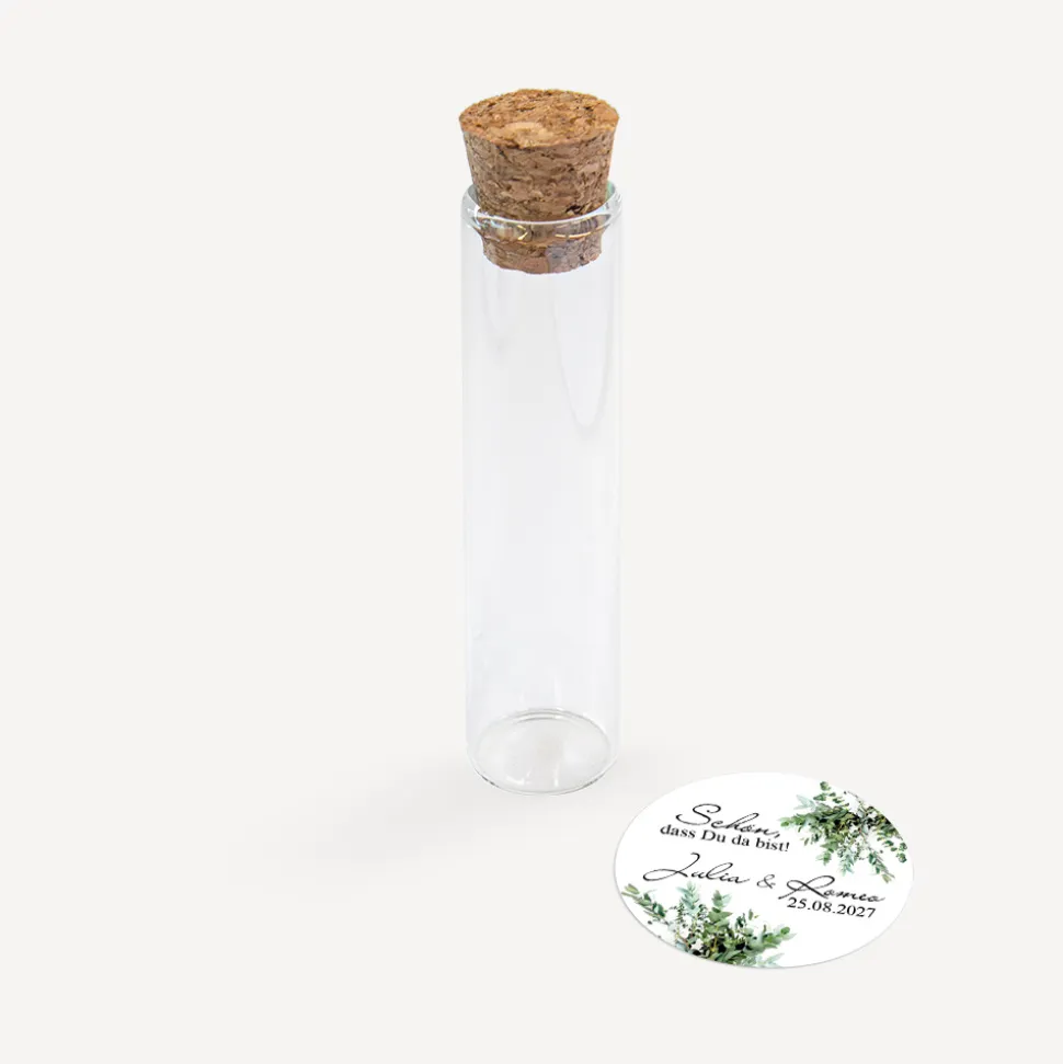 Gastgeschenk Glasröhrchen mit Korken und Aufkleber "Greenery"