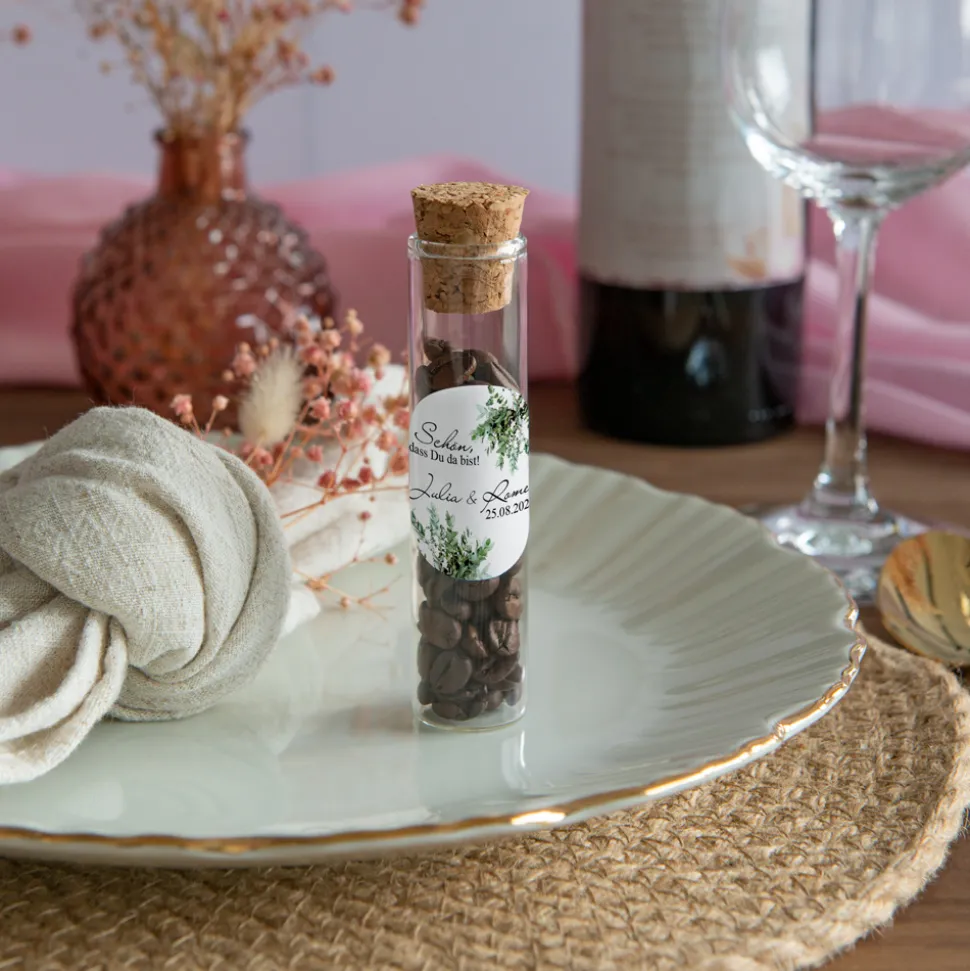 Gastgeschenk Glasröhrchen mit Korken und Aufkleber "Greenery"