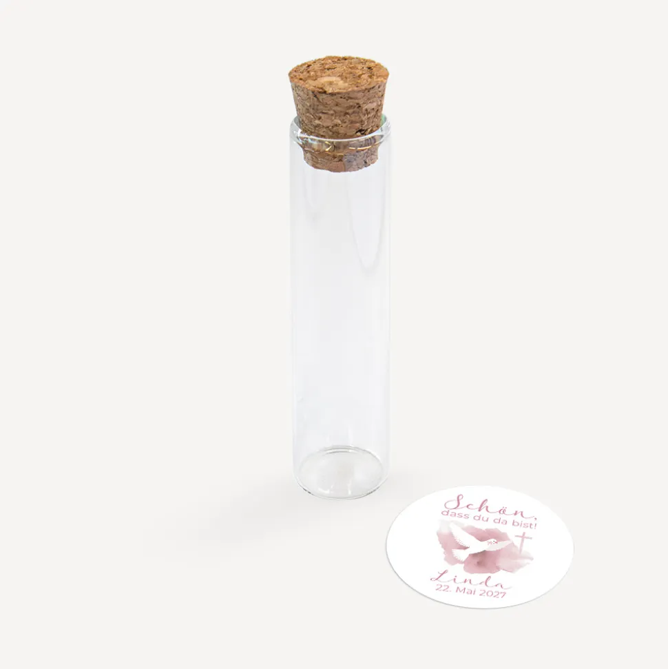 Gastgeschenk Glasröhrchen mit Korken und Aufkleber "Taube"