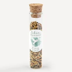 Gastgeschenk Glasröhrchen mit Korken und Aufkleber "Taube"