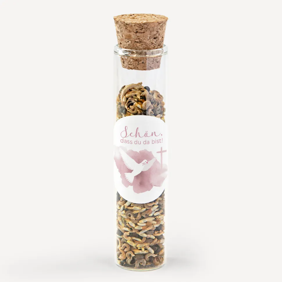 Gastgeschenk Glasröhrchen mit Korken und Aufkleber "Taube"