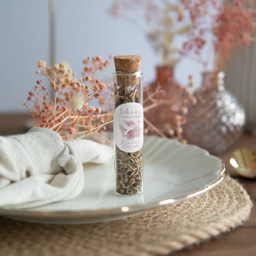 Gastgeschenk Glasröhrchen mit Korken und Aufkleber "Taube"