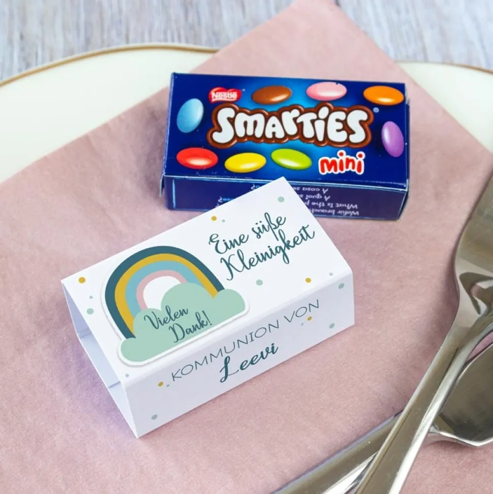 Gastgeschenk Kommunion Junge SMARTIES mini + Banderole Regenbogen