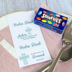 Gastgeschenk Kommunion Junge SMARTIES mini + Banderole Kreuz Modern