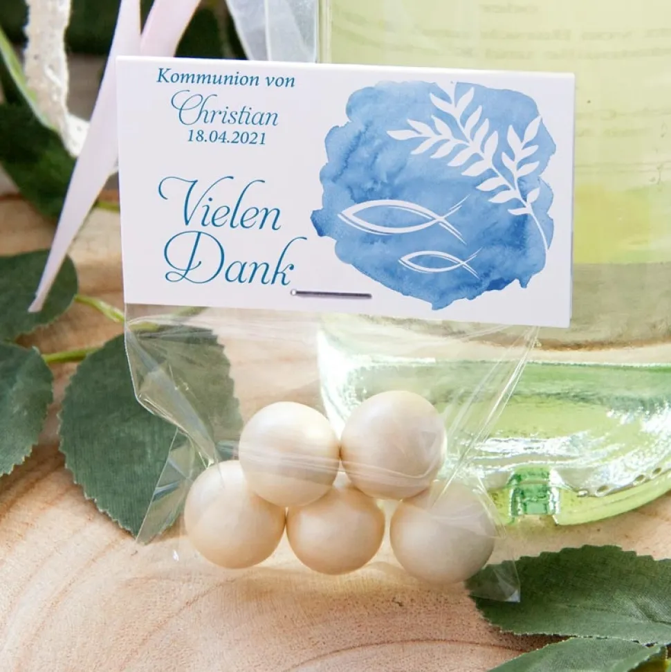 Gastgeschenk Kommunion Junge Tüte + Etikett Fisch Aquarell