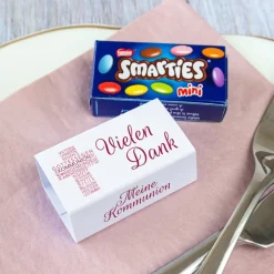 Gastgeschenk Kommunion Mädchen SMARTIES mini + Banderole Kreuz Modern