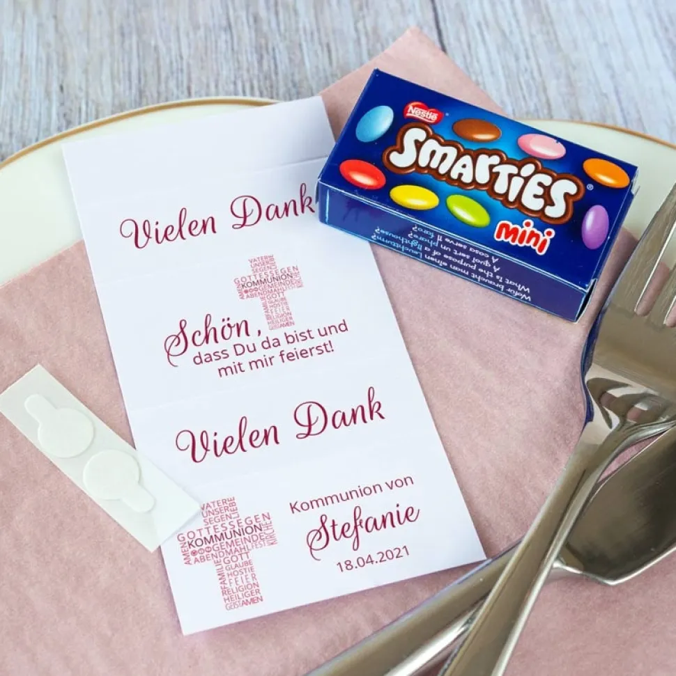Gastgeschenk Kommunion Mädchen SMARTIES mini + Banderole Kreuz Modern