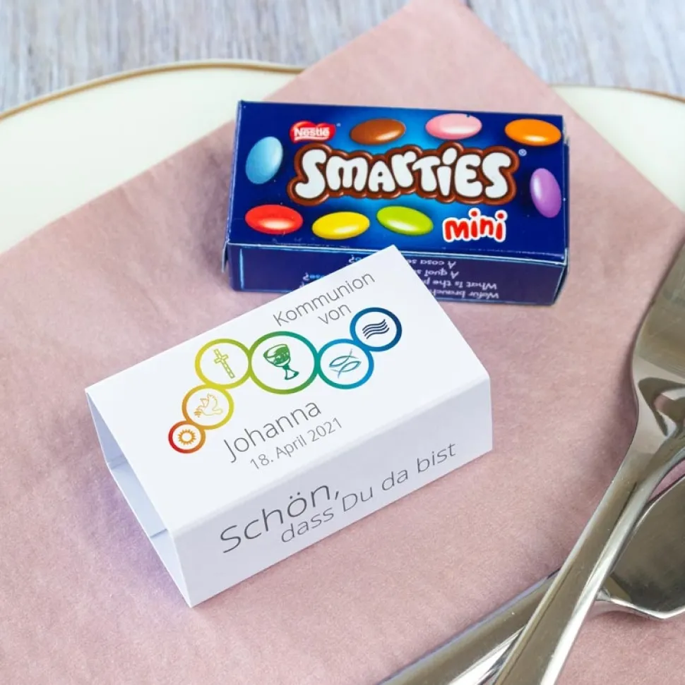 Gastgeschenk Kommunion SMARTIES mini + Banderole Regenbogen Symbole