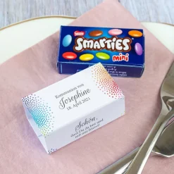 Gastgeschenk Kommunion SMARTIES mini + Banderole Regenbogen Kreis modern