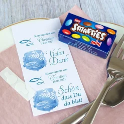 Gastgeschenk Kommunion SMARTIES mini + Banderole Fisch Aquarell