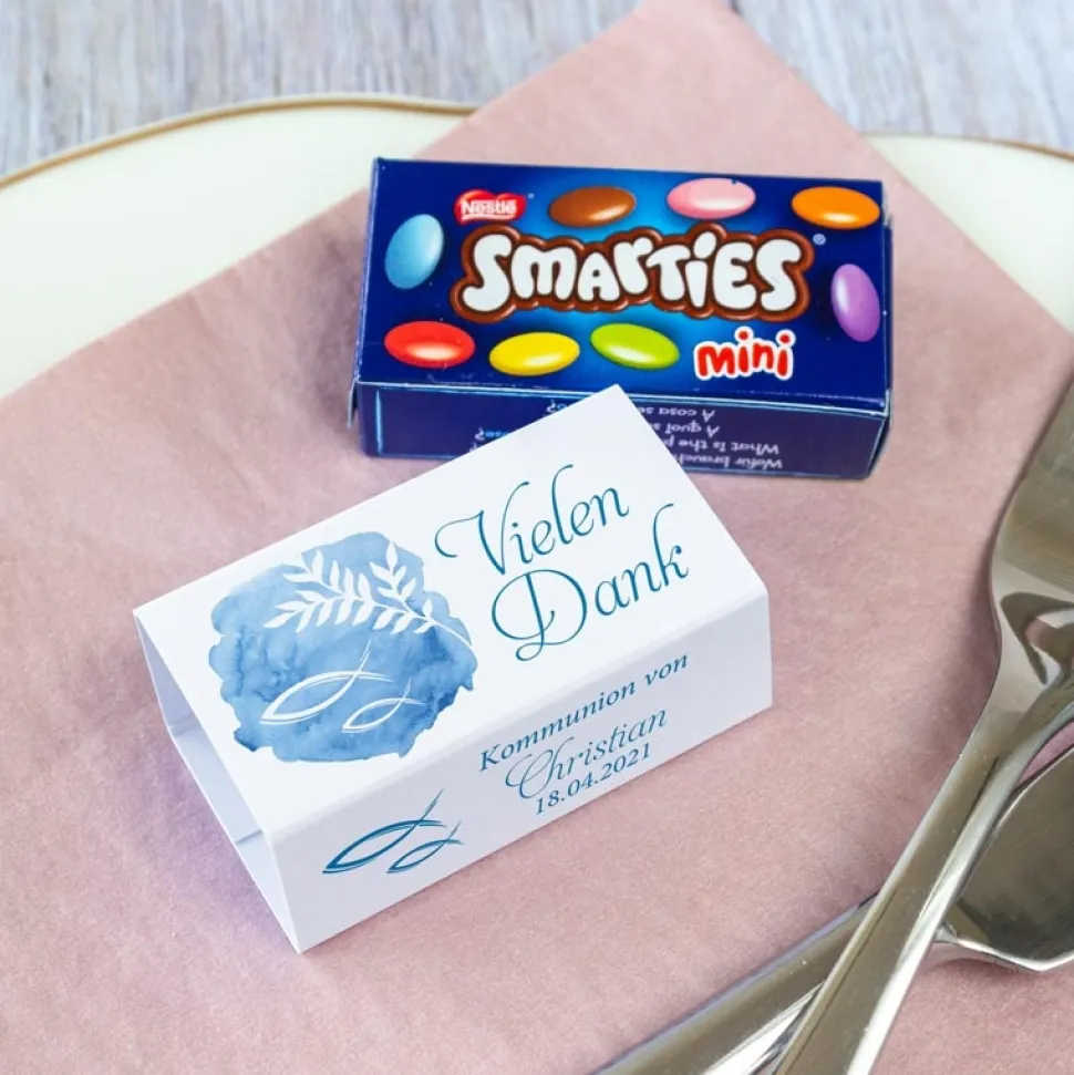 Gastgeschenk Kommunion SMARTIES mini + Banderole Fisch Aquarell