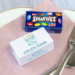 Gastgeschenk Konfirmation Junge SMARTIES mini + Banderole Liebe Glaube Weisheit