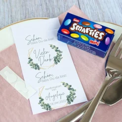 Gastgeschenk Konfirmation Mädchen SMARTIES mini + Banderole "Eukalyptus Geometrie"