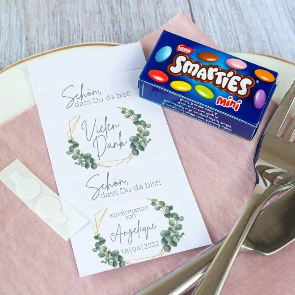 Gastgeschenk Konfirmation Mädchen SMARTIES mini + Banderole "Eukalyptus Geometrie"