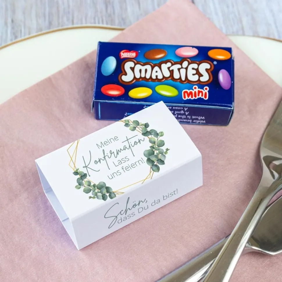 Gastgeschenk Konfirmation Mädchen SMARTIES mini + Banderole "Eukalyptus Geometrie"