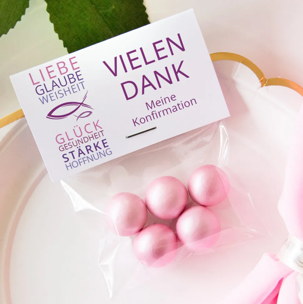 Gastgeschenk Konfirmation Mädchen Tüte + Etikett Liebe Glaube Weisheit