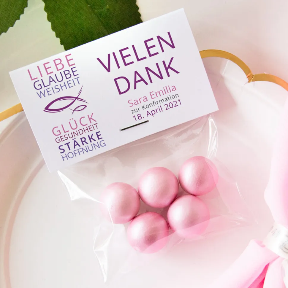 Gastgeschenk Konfirmation Mädchen Tüte + Etikett Liebe Glaube Weisheit