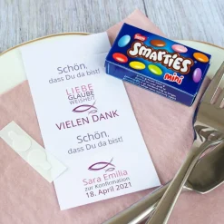 Gastgeschenk Konfirmation Mädchen SMARTIES mini + Banderole Liebe Glaube Weisheit