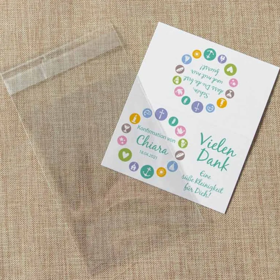 Gastgeschenk Konfirmation Tüte + Etikett Moderne Symbole