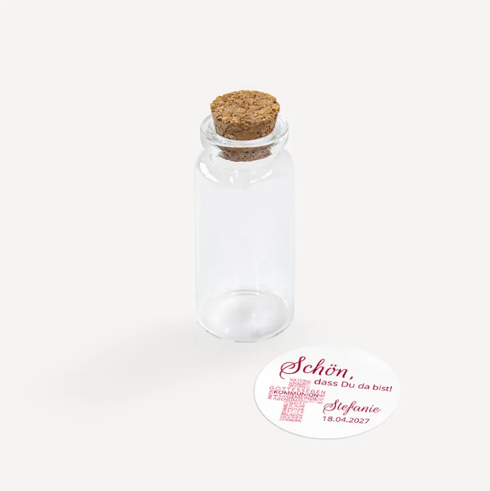 Gastgeschenk Mini Glasröhrchen mit Aufkleber Kommunion Mädchen "Kreuz Modern"