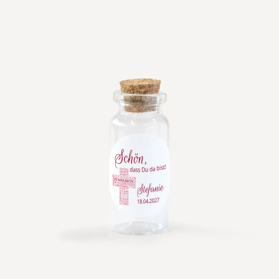 Gastgeschenk Mini Glasröhrchen mit Aufkleber Kommunion Mädchen "Kreuz Modern"