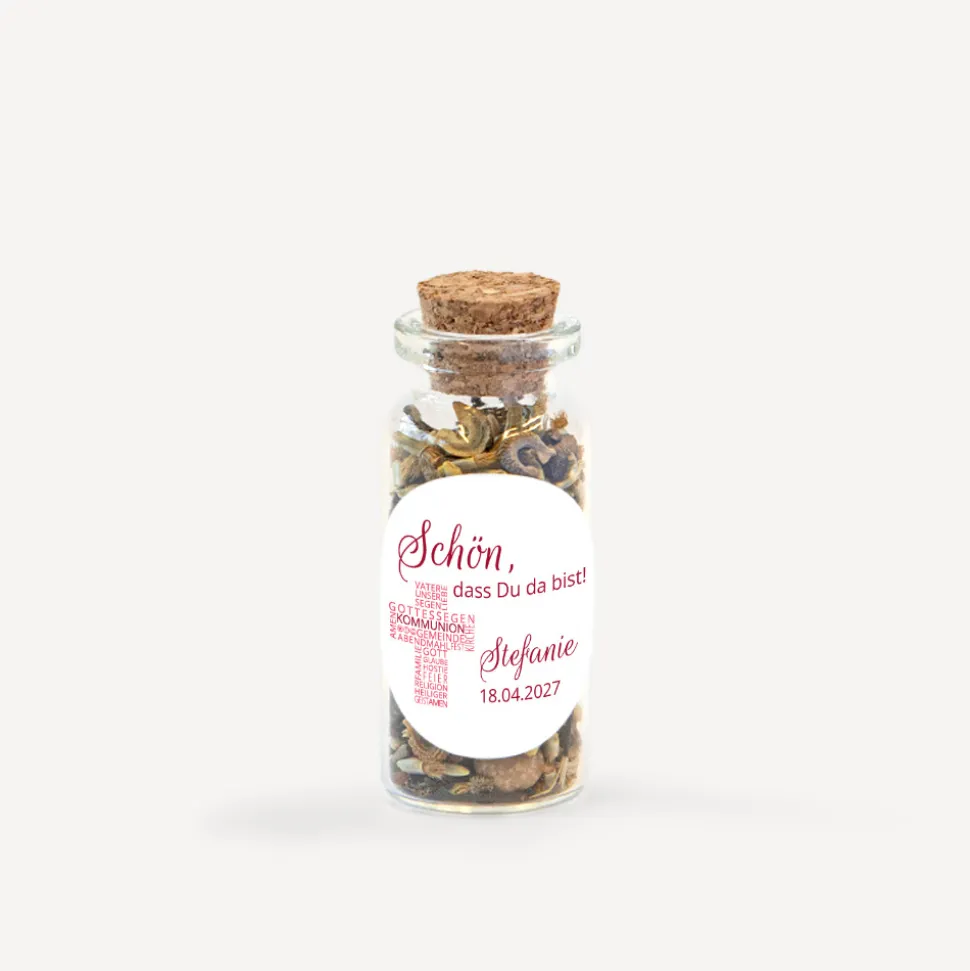 Gastgeschenk Mini Glasröhrchen mit Aufkleber Kommunion Mädchen "Kreuz Modern"
