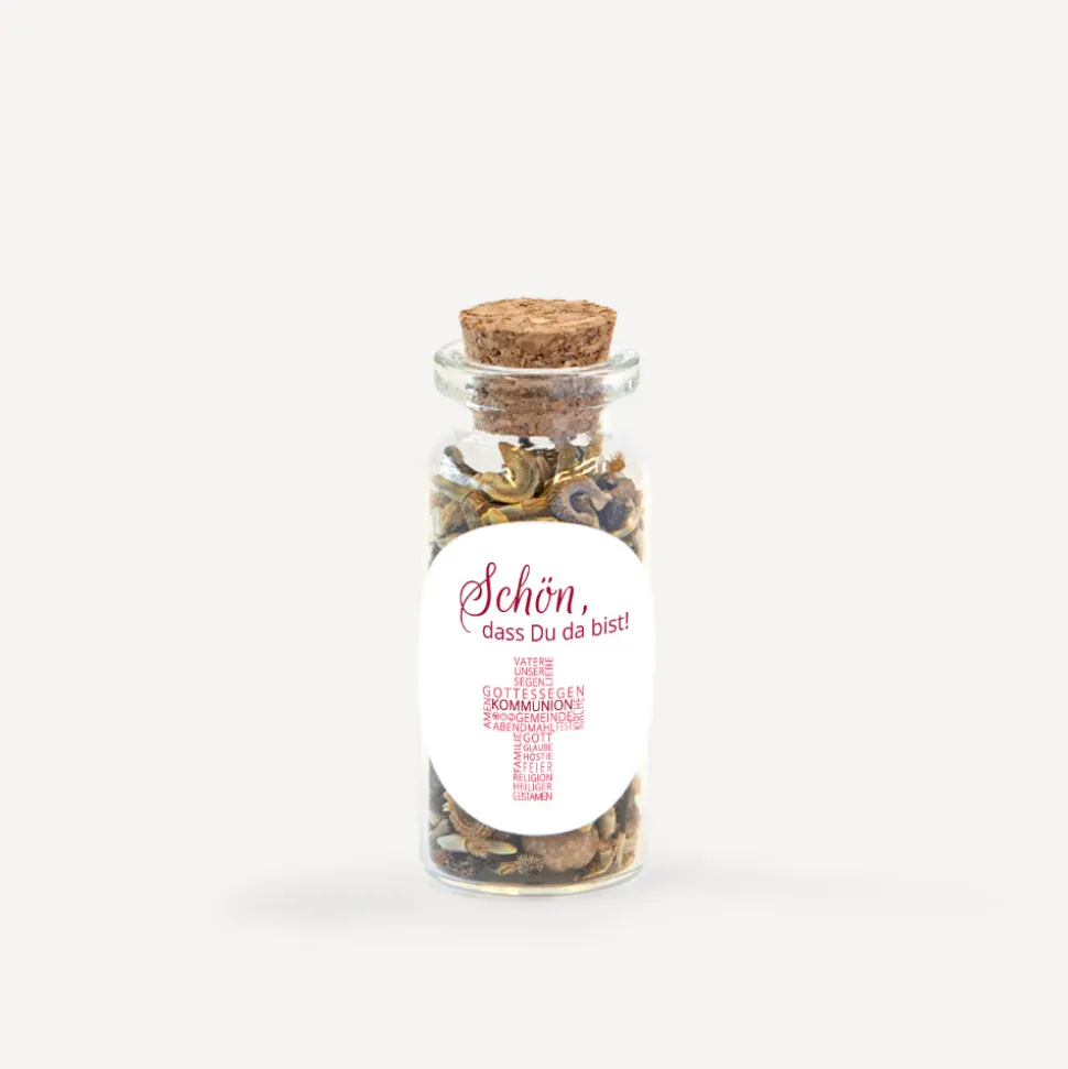 Gastgeschenk Mini Glasröhrchen mit Aufkleber Kommunion Mädchen "Kreuz Modern"