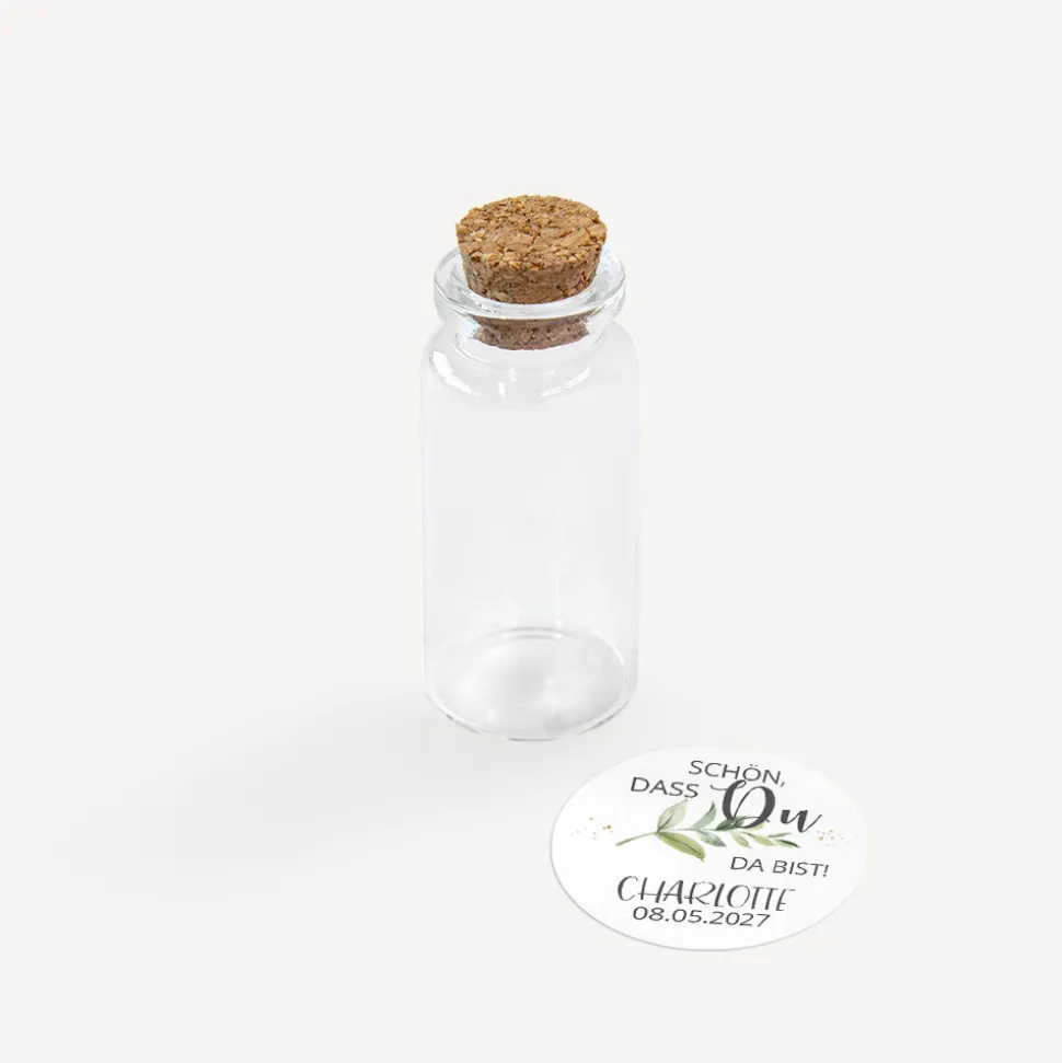 Gastgeschenk Mini Glasröhrchen mit Aufkleber "Green Magic"