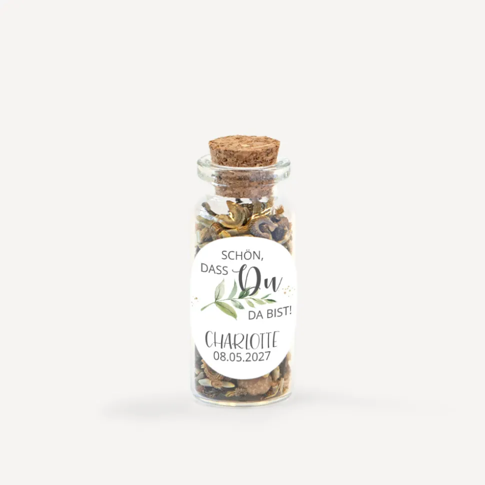Gastgeschenk Mini Glasröhrchen mit Aufkleber "Green Magic"