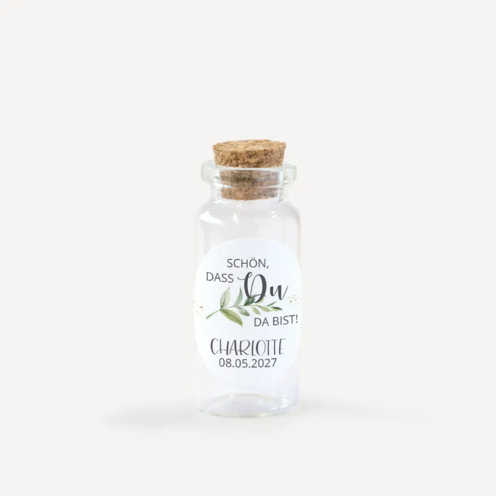 Gastgeschenk Mini Glasröhrchen mit Aufkleber "Green Magic"