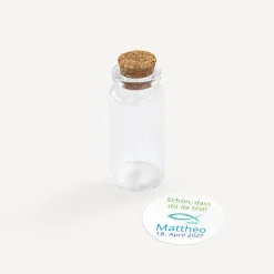 Gastgeschenk Mini Glasröhrchen mit Aufkleber Junge "Liebe Glaube Weisheit"